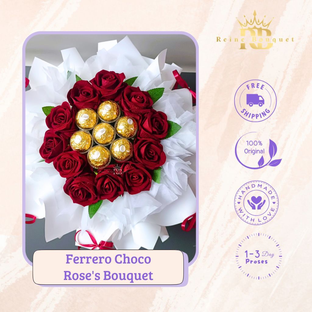 Artificial Rose Flower and Chocolate Ferrero Round Bouquet | Buket Coklat dan Bunga Mawar Artificial