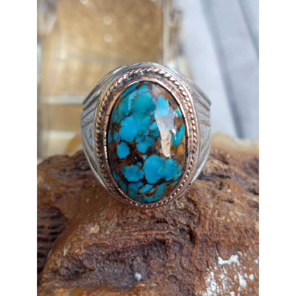 Natural Pirus Persia Biru Top Color Urat Jala Ring Perak 925 HM