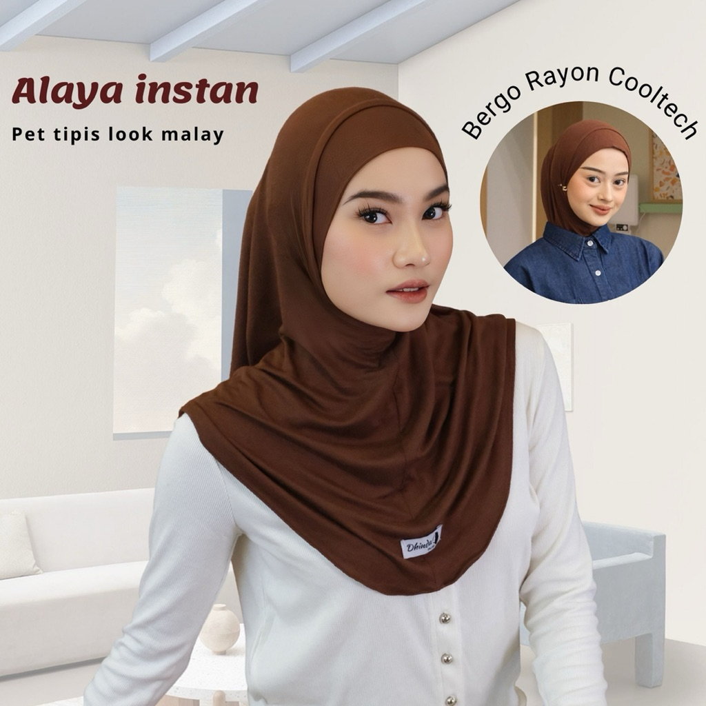 READY Dhinda Hijab Alaya Instan Bergo Rayon Cooltech Pet Tipis Look Malay - Hijab Serbaguna Nyaman