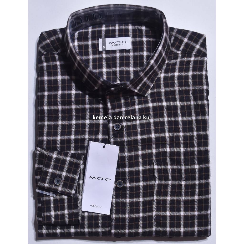 Kemeja Pria MOC Lengan Panjang Hitam Garis Coklat Kotak Flanel Bamboo Modern Fit LNN 11 #Kemeja Mura