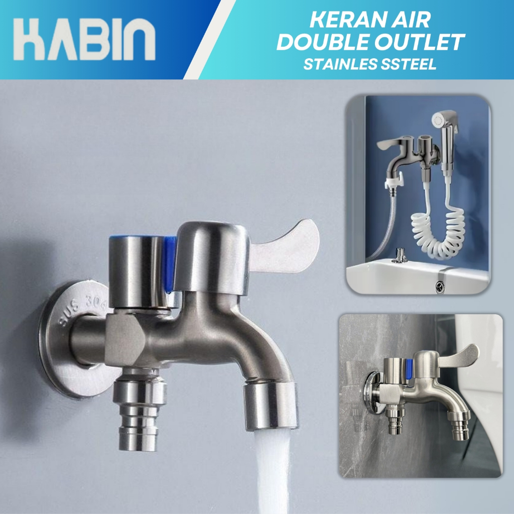 Keran Air Kran Air Mesin Cuci Wastafel Panjang Stainless Steel Tembok 2 Cabang