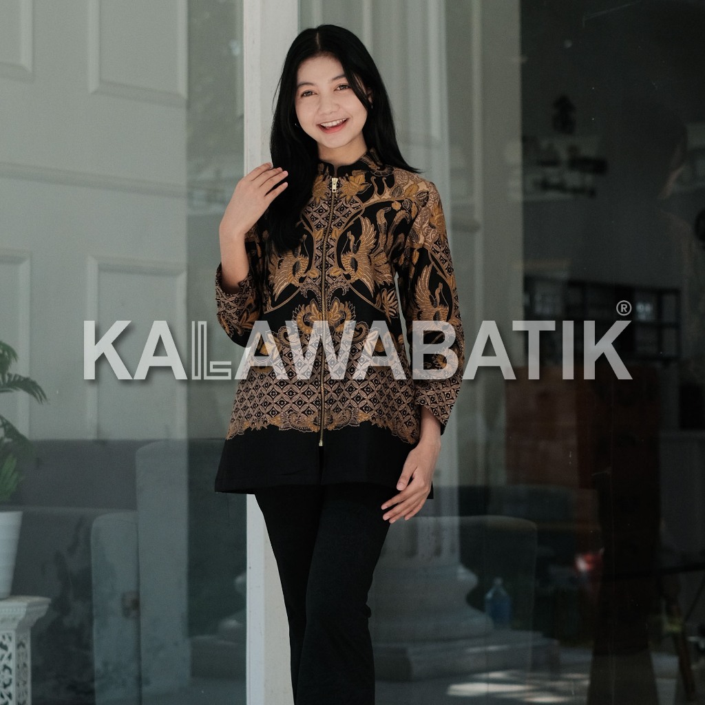 KALAWABATIK-Tunik Wanita- Motif Antasena Warna Hitam kombinasi Kuning