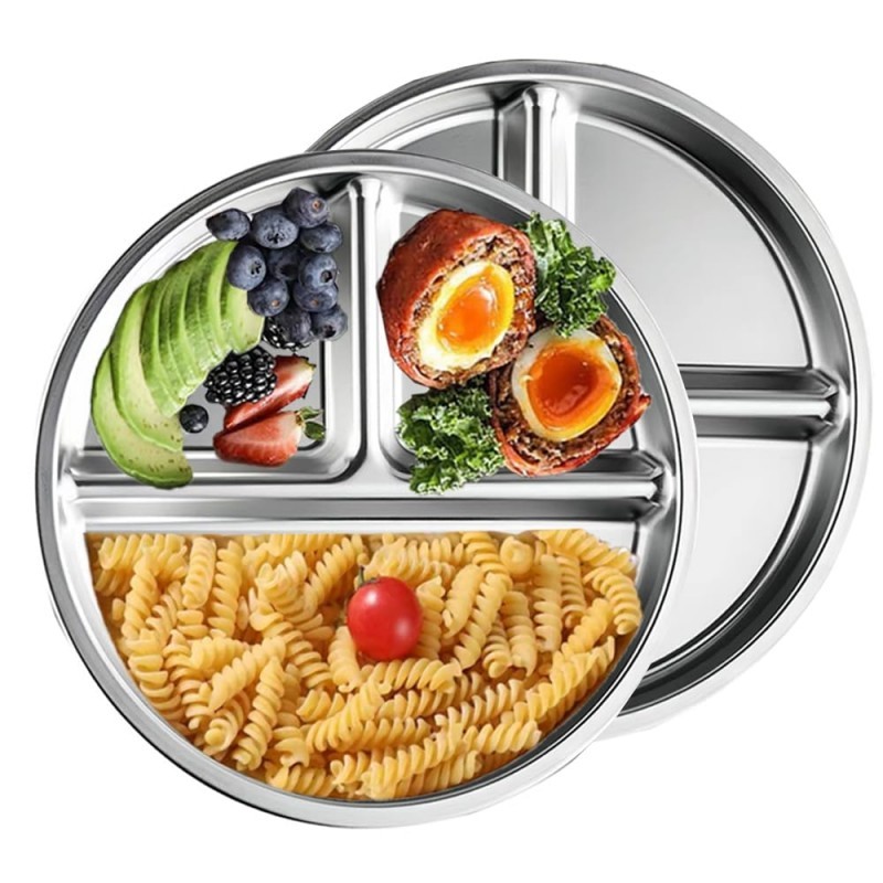 Round Piring Makan Bayi Stainless Steel 3 Sekat Piring Makan Anak Anti Tumpah -