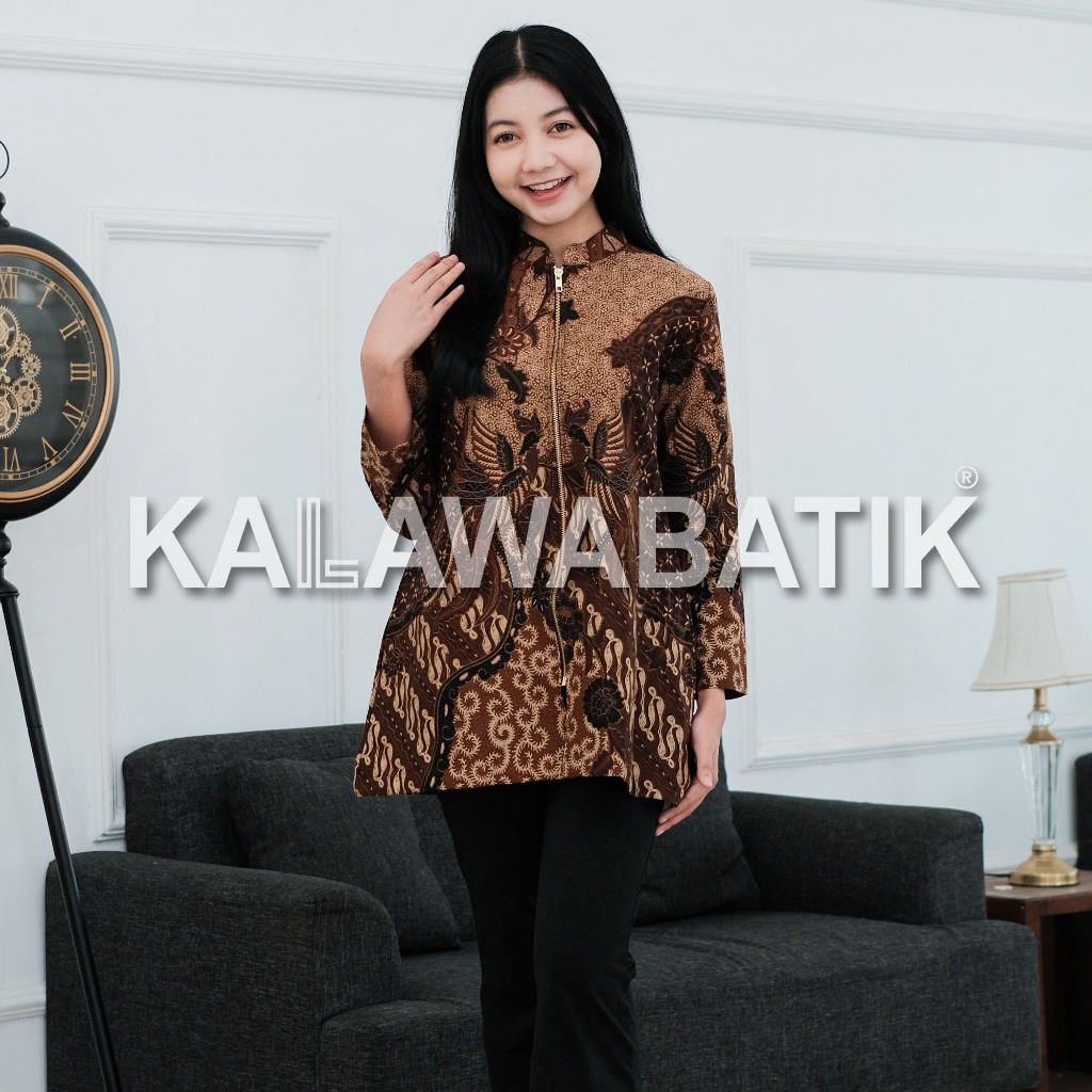 KALAWABATIK-Tunik Wanita-Motif Jayantaka Warna Coklat kombinasi Burgundy