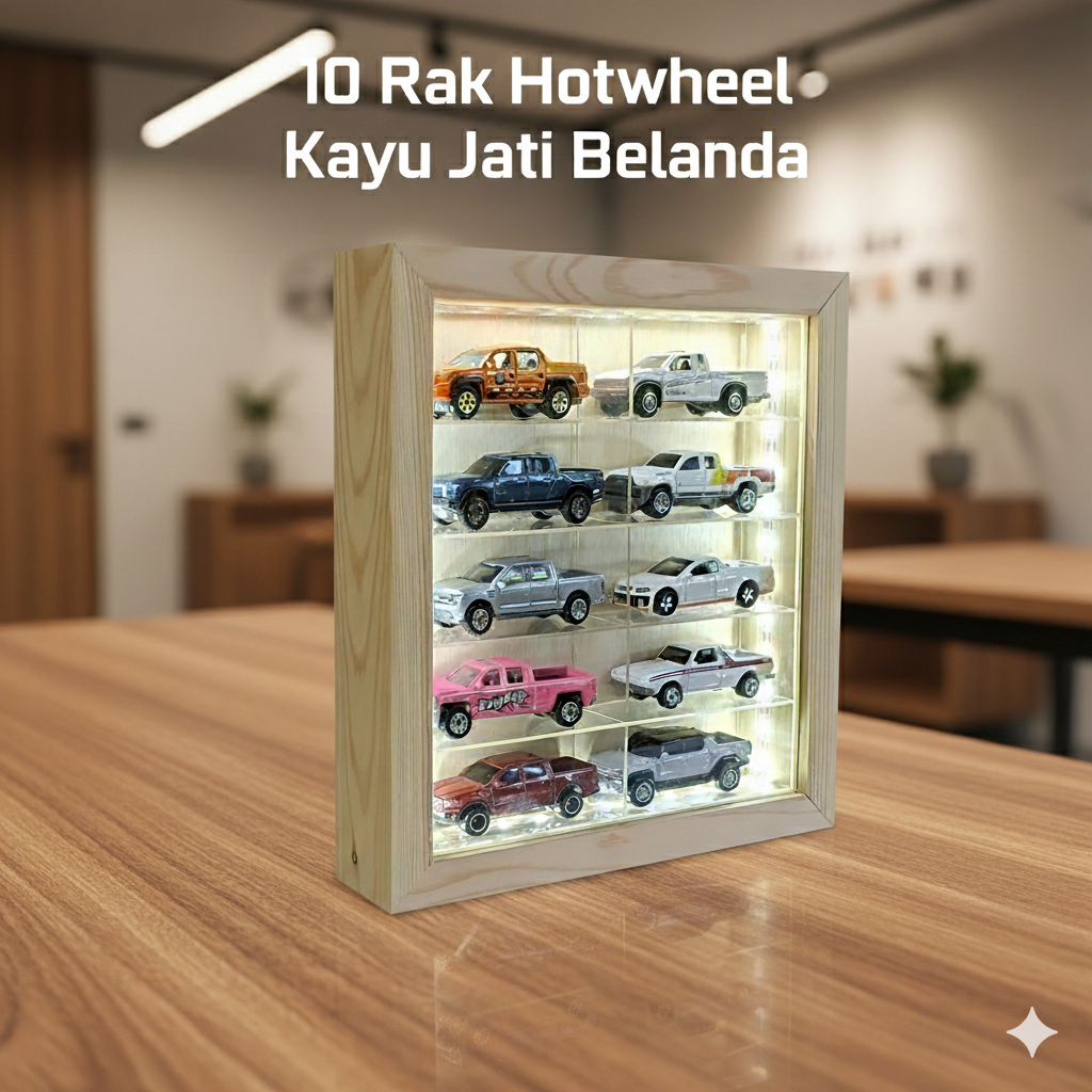 Rak Hotwheel 10 Mobil Premium kayu solid dan akrilik