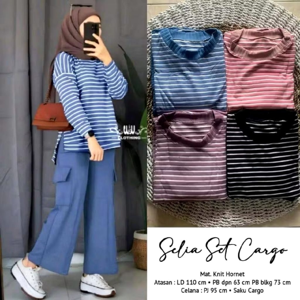 Set Wanita Salur Cargo Mewah One Set Cewek Viral Korea Style Setcel Long Tunik Setelan Muslim Cewek 