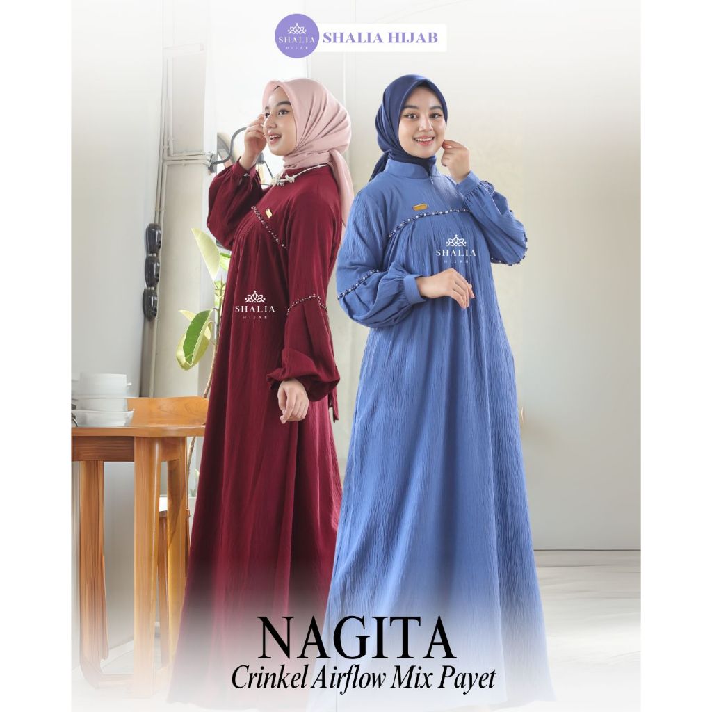 Shalia Hijab Nagita Gamis Payet Mutiara Crinkle Airflow Premium Baju Kondangan Pesta Seragam Lebaran