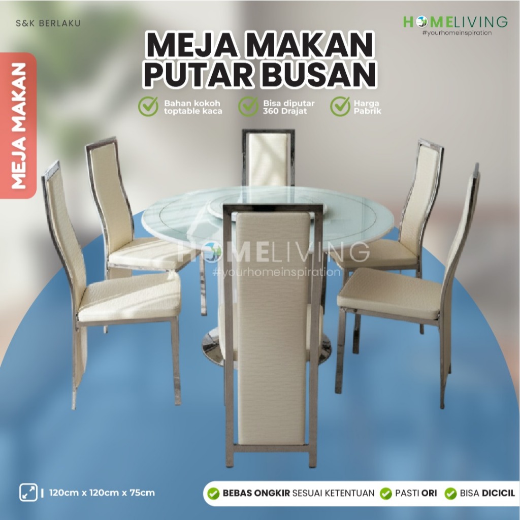HOMELIVING - MEJA MAKAN KACA PUTAR - MEJA MAKAN KACA BUNDAR - MEJA MAKAN PUTAR BUSAN