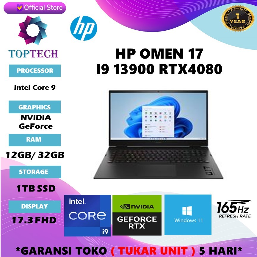 HP OMEN 17 I9 13900 RTX4080 RAM 12GB/ 32GB SSD 1TB WINDOWS11 17.3 QHD IPS 165HZ