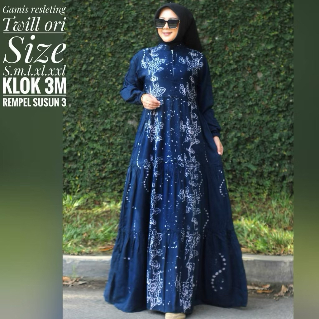 Gamis twill resleting depan terbaru berkualitas / gamis twill klok 3m susun 3 cap malam asli batik p