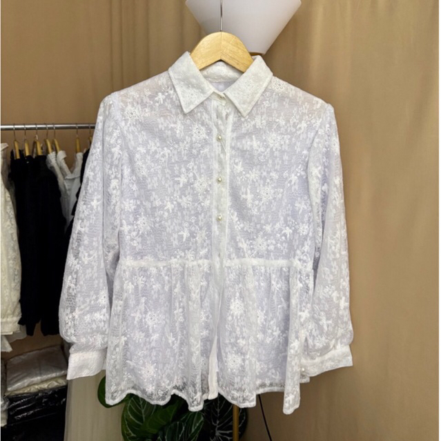Blouse Tencel Salju Bordir Premium Wanita – Atasan Elegan Lengan Panjang Putih / Cream