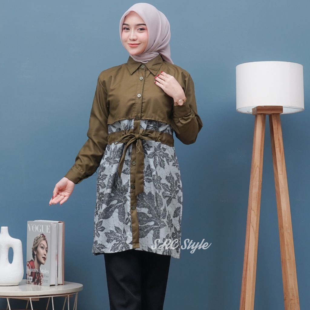 Olive tunik batik kombinasi toyobo lengan panjang kancing full