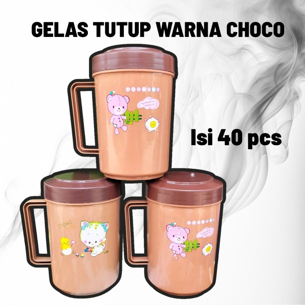 (isi 40 pcs) Eskan tutup plastik mini warna choco bergambar / gelas mini tutup / mug tutup / cangkir