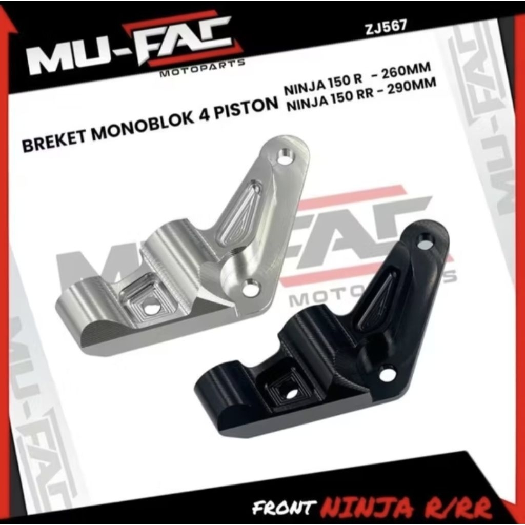 NEW ~BREKET DEPAN KALIPER 4PISTON 4P MONOBLOK KANAN FULL ALUMINIUM CNC BY MUFAC/ MU-FAC  BLACK & SIL