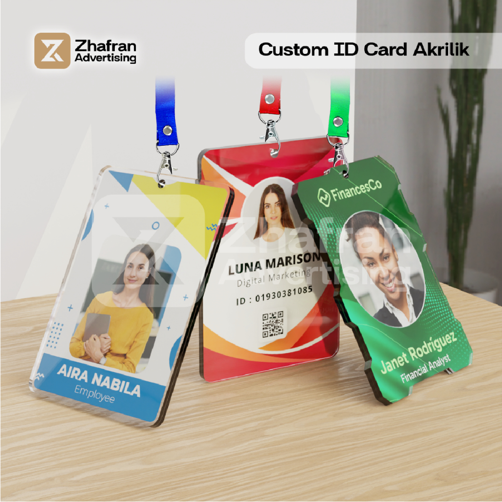 ID Card Akrilik Custom Desain Premium Print UV 2 Sisi Tali Lanyard / Acrylic Name Tag