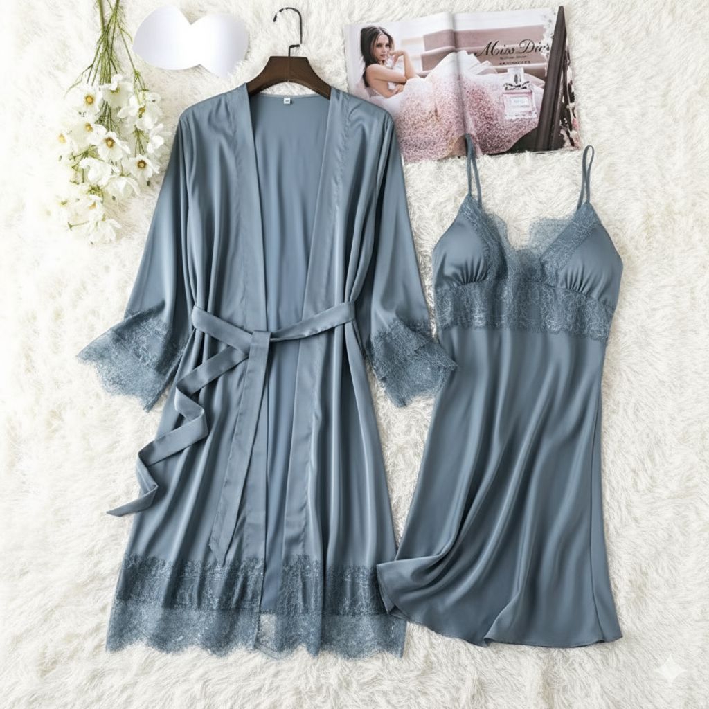 Kimono Tidur Silk Sutra Wanita Set 2 In 1 Premium/Baju Tidur Lingerie Lace M-XL