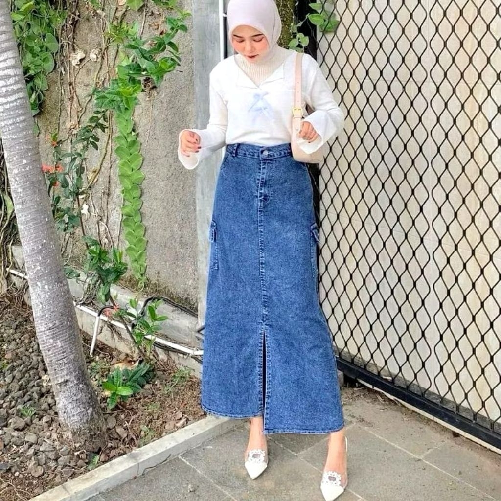 Rok Cargo Jeans Skirt Wanita Rok Jeans Cargo Wanita