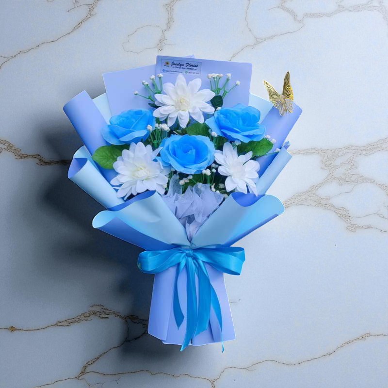 JFBB006 Buket Bunga Artifisial Mawar Biru dan Daisy Putih 6 Kuntum Cool Untuk Ultah Wisuda dll