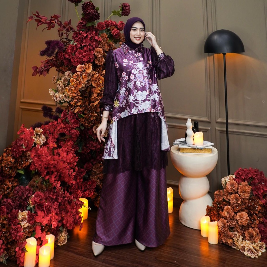 Dumma.id - One Set Pakaian Wanita  Belina Set Celana Silk Alba Premium Mix Brokat Cantily Lapis Furi