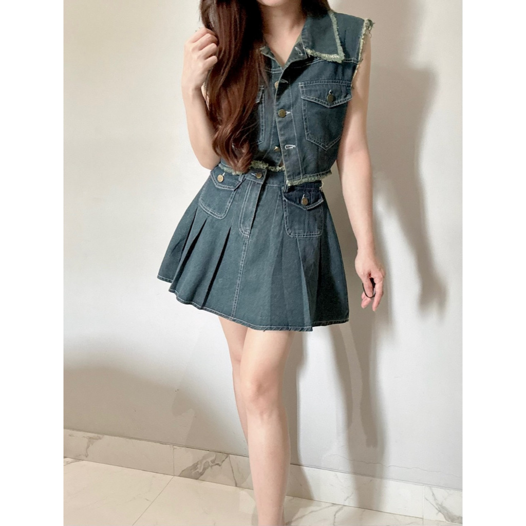 Ndudshop – Denim skort set (Kode: 5044) – Setelan Wanita – Setelan Denim Wanita – Setelan Skort Wani