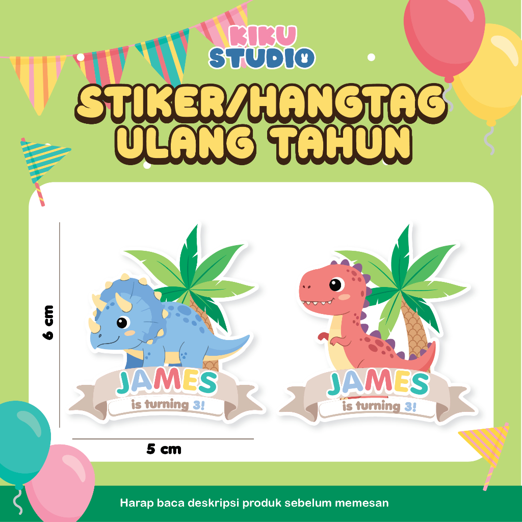 Stiker/HangTag Ulang Tahun Anak Dino – Souvenir Ultah Custom Nama