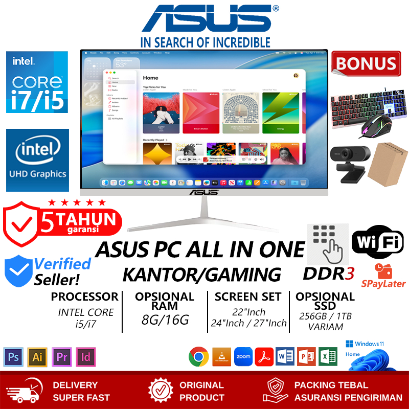 ASUS PC ALL-IN-ONE KOMPUTER FULL SET CPU BARU, PROSESOR CORE I5/I7, RAM 8G/16G, SSD 256/512G, 22/24/