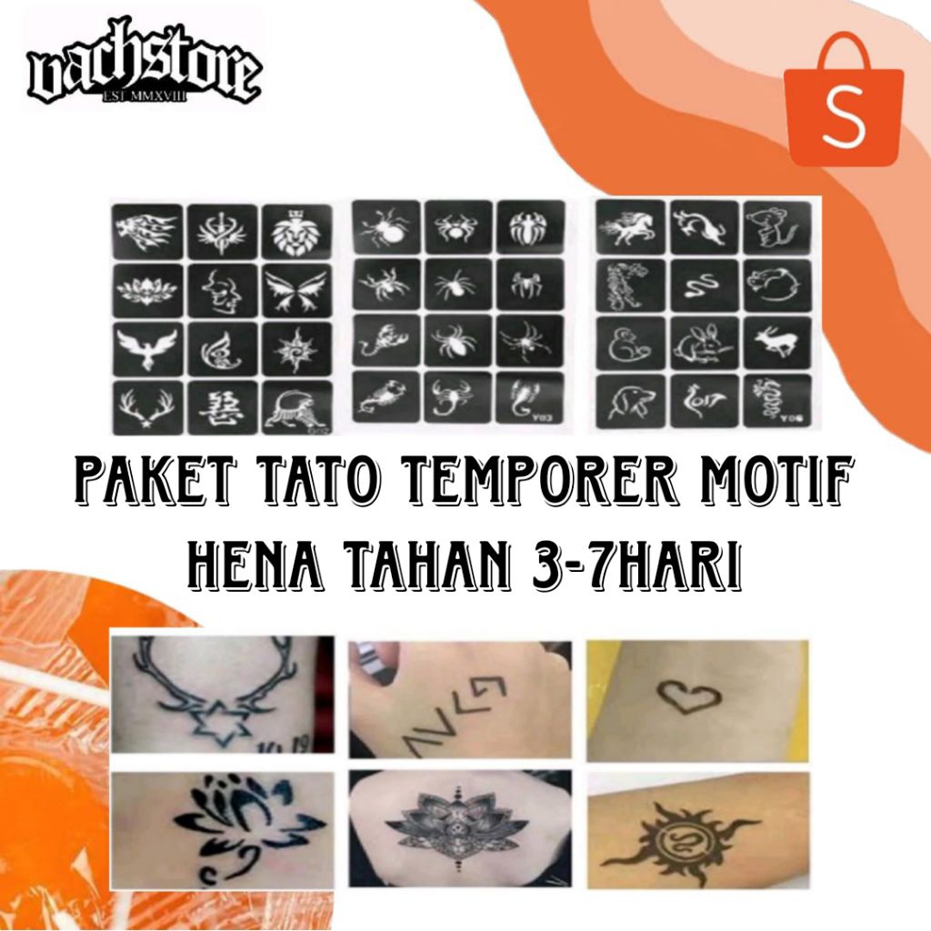 Paket Tato Temporer Henna + Cetakan + tinta hena