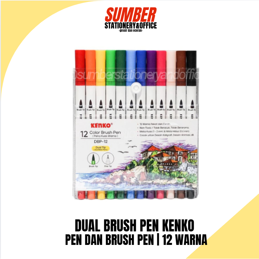BRUSH PEN KENKO DUAL TIP (Brush Pen dan Pen) 12 Warna [1 Pack]