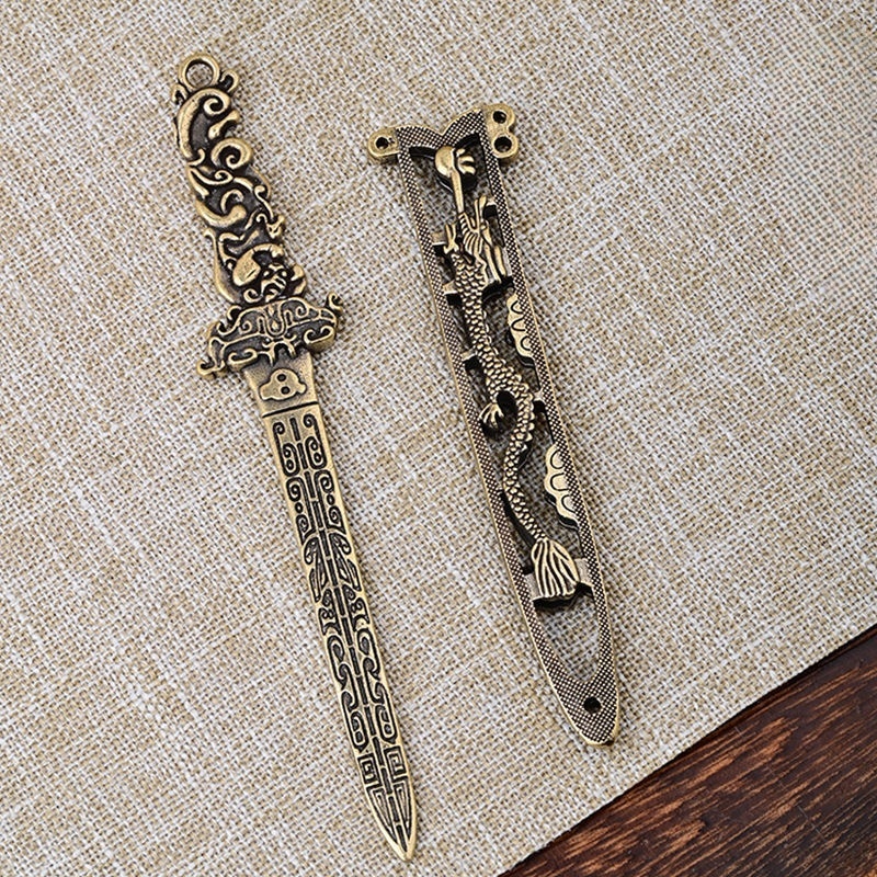 All Brass Tea Ceremony Tea Set Dragon and Phoenix Small Copper Sword