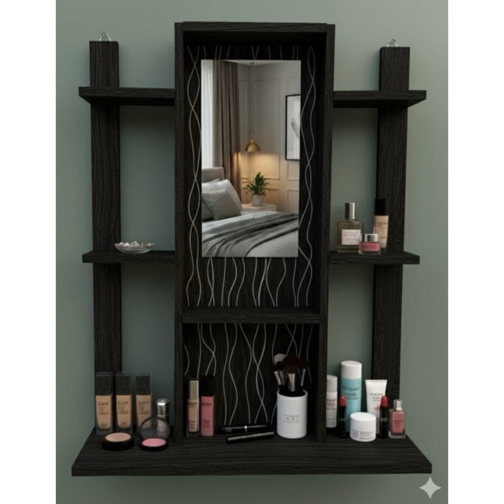 Rak Makeup Gantung dengan Cermin Motif Serat Kayu