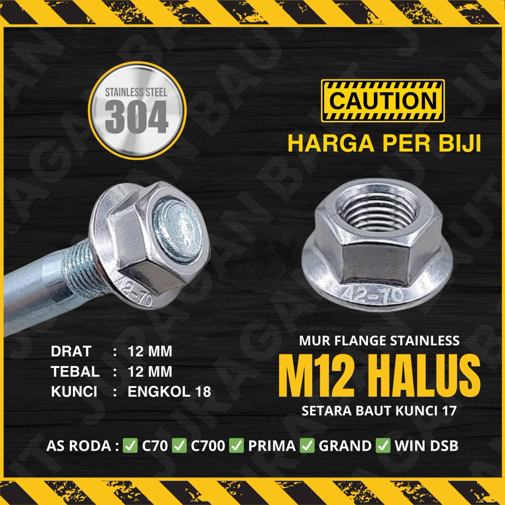 Mur Flange STAINLESS M12 Halus Setara untuk Baut Kunci 17 || As Roda Arm GRAND GL PRO MEGAPRO dsb