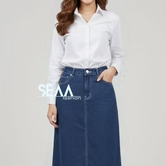 Kemeja Wanita Set Rok Span Jeans Tebal Premium