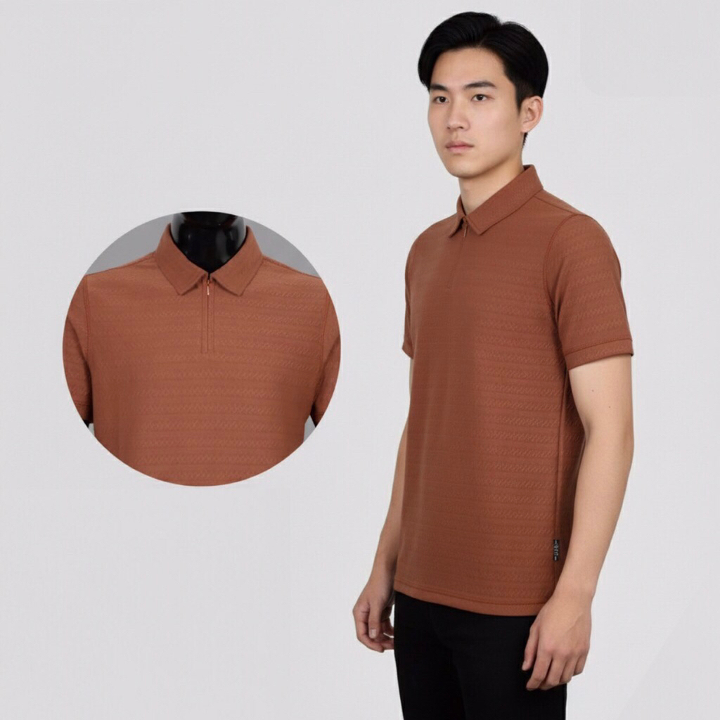 BAJU POLO KNIT PRIA DENGAN RESLETING TANGAN PENDEK WARNA TERACOTTA POLO KNIT