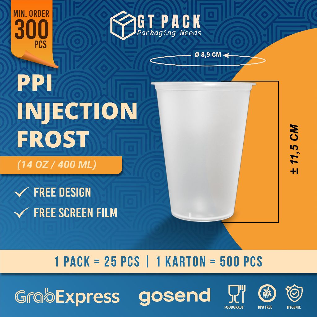 Cup Plastik PP Injection Datar 400 ML (Frost) + Tutup