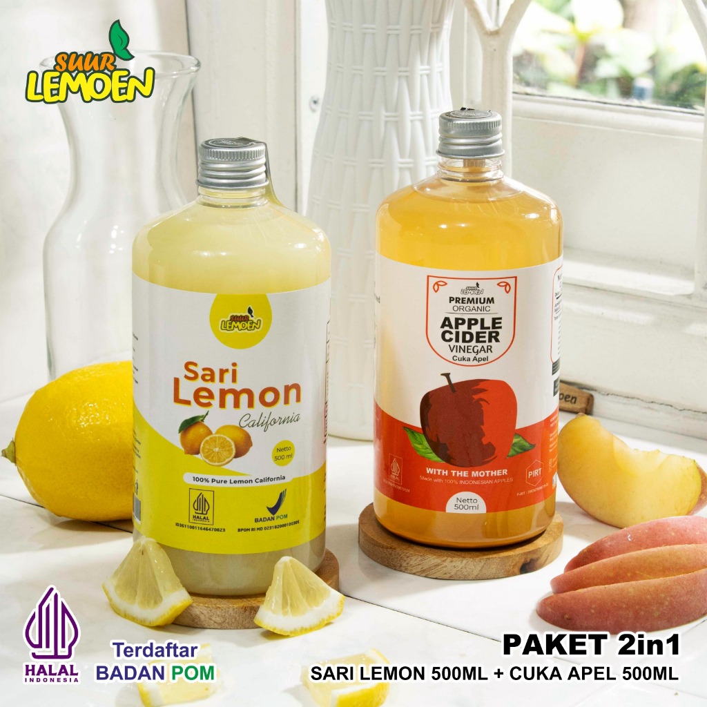 Suur Lemoen Paket Bundling Cuka Apel 500 ml dan Sari Lemon 500 ml Murni Asli 100% Untuk Diet