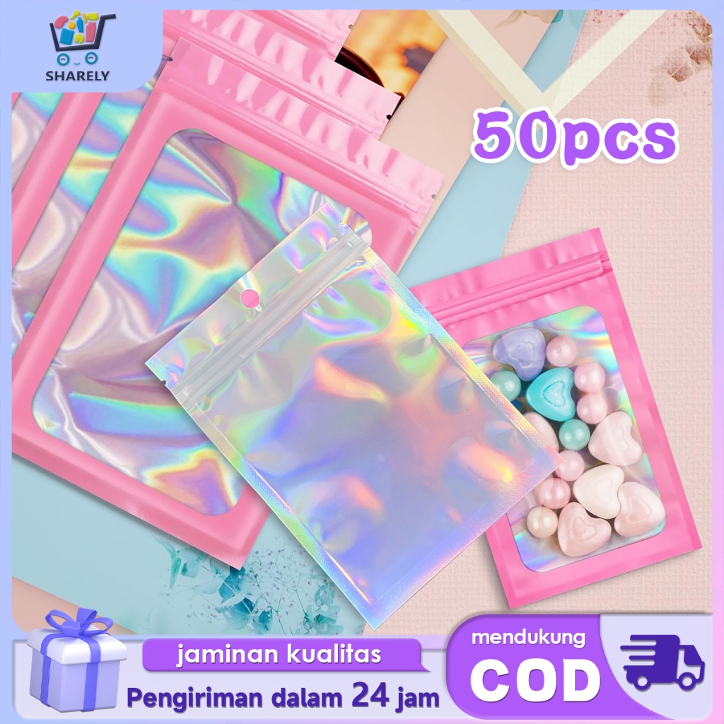 50pcs Plastik Ziplock Hologram Warna Warni Plastik Kemasan Hologram Serbaguna Plastik Klip Ziplock