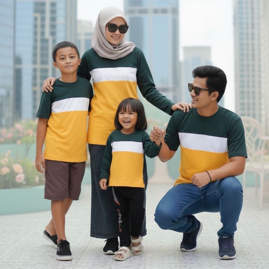 KOMBINASI HIJAU BOTOL, PUTIH, KUNING EMAS/ Kaos Couple Keluarga/ Couple Keluarga Muslim/ Couple Kelu