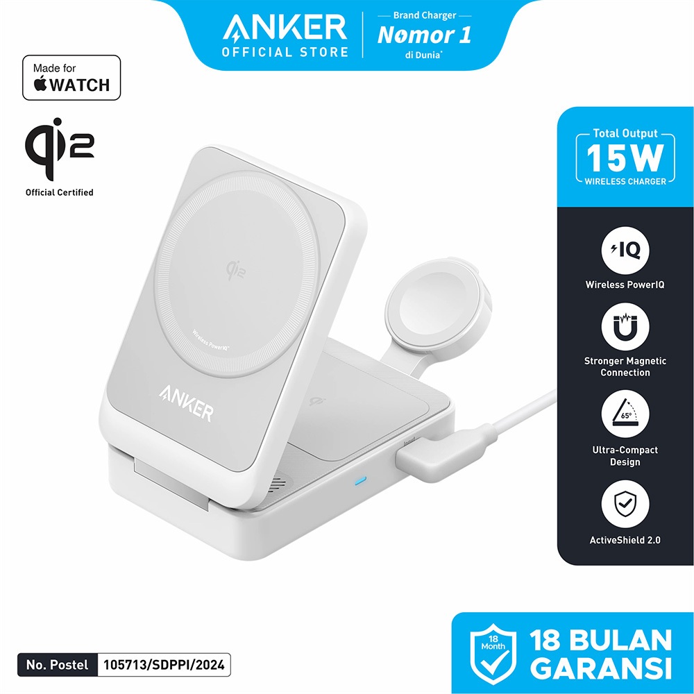 Anker MagGo 3-in-1 Charging Station, MagSafe-Compatible Wireless Charger Stand, Qi2 Certified 15W Fo