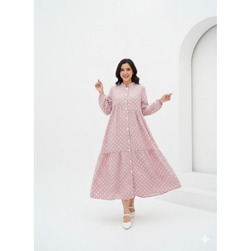 Dress Debora Miulan | Gamis Bahan Rayon Silk Motif Polkadot | Resleting Depan