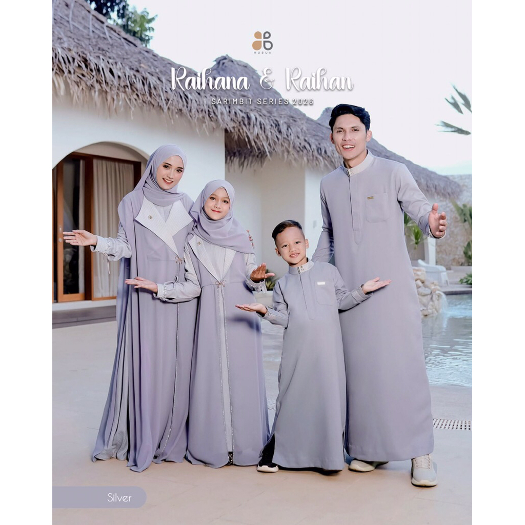 Sarimbit Nubua Raihana & Raihan Silver/Baju Pasangan Gamis Pesta Mewah Elegan Baju Couple Keluarga B