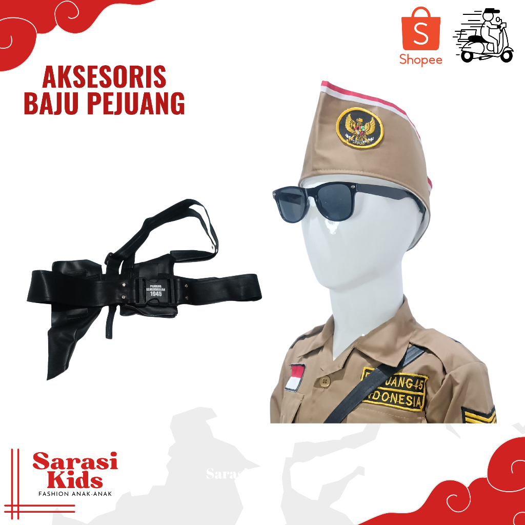 Aksesoris baju pejuang sabuk slempang baju pejuang anak topi baju pejuang