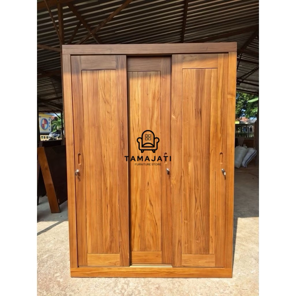 Lemari pakaian kayu jati 3 pintu sleding lemari jati