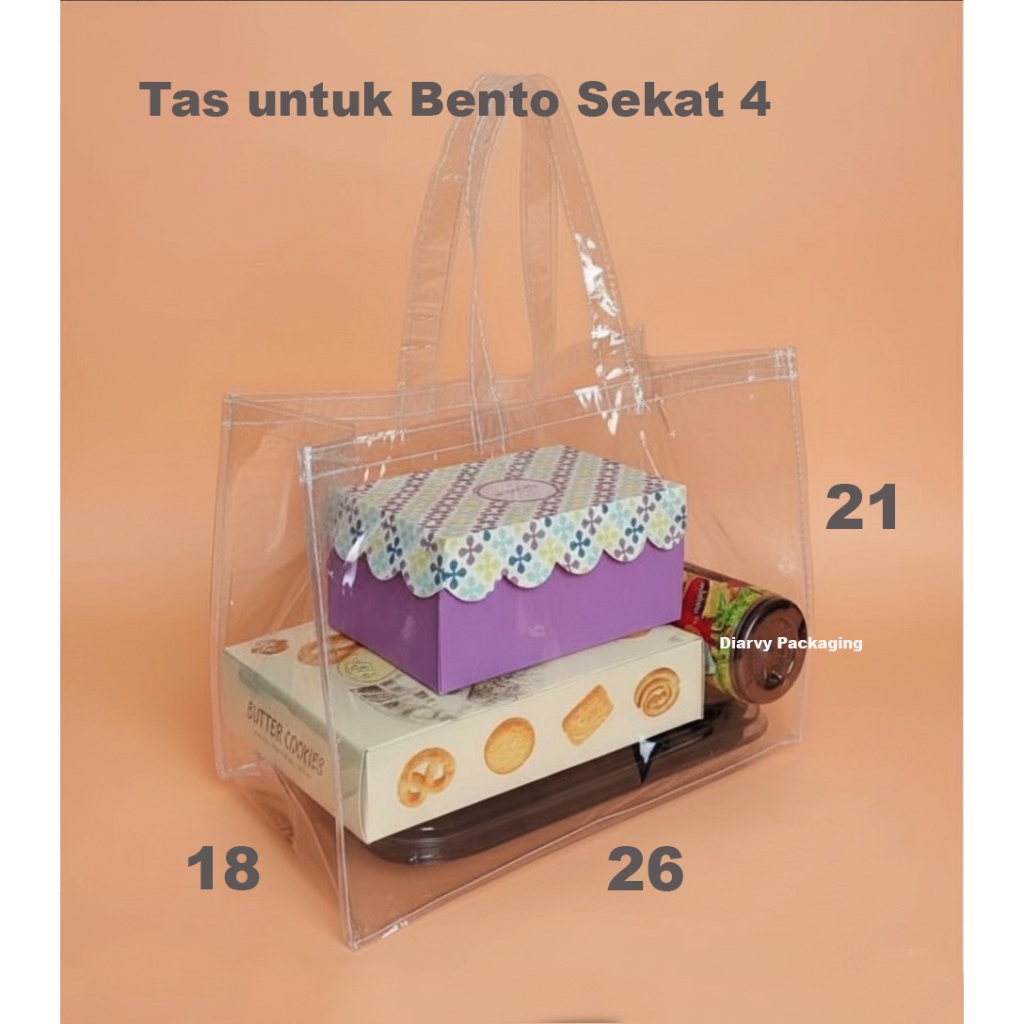 TAS MIKA BENING uk 26x21 | Tas Hampers kotak nasi | Tas transparan untuk box bento | Tas mika toples