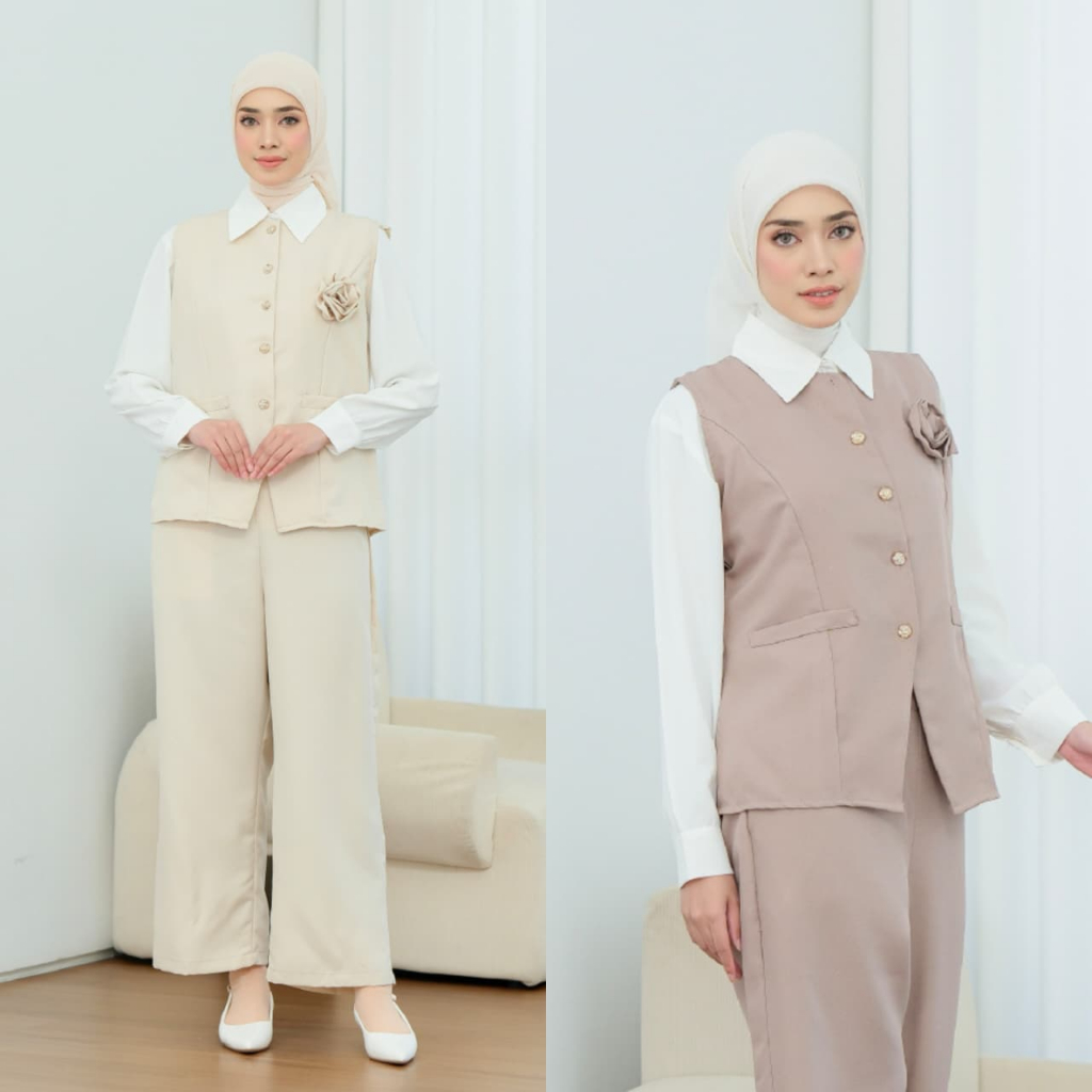 HANAKO One Set 3in1 Setelan Celana Vest Wanita Modis Kekinian Elegan Casual Stylish