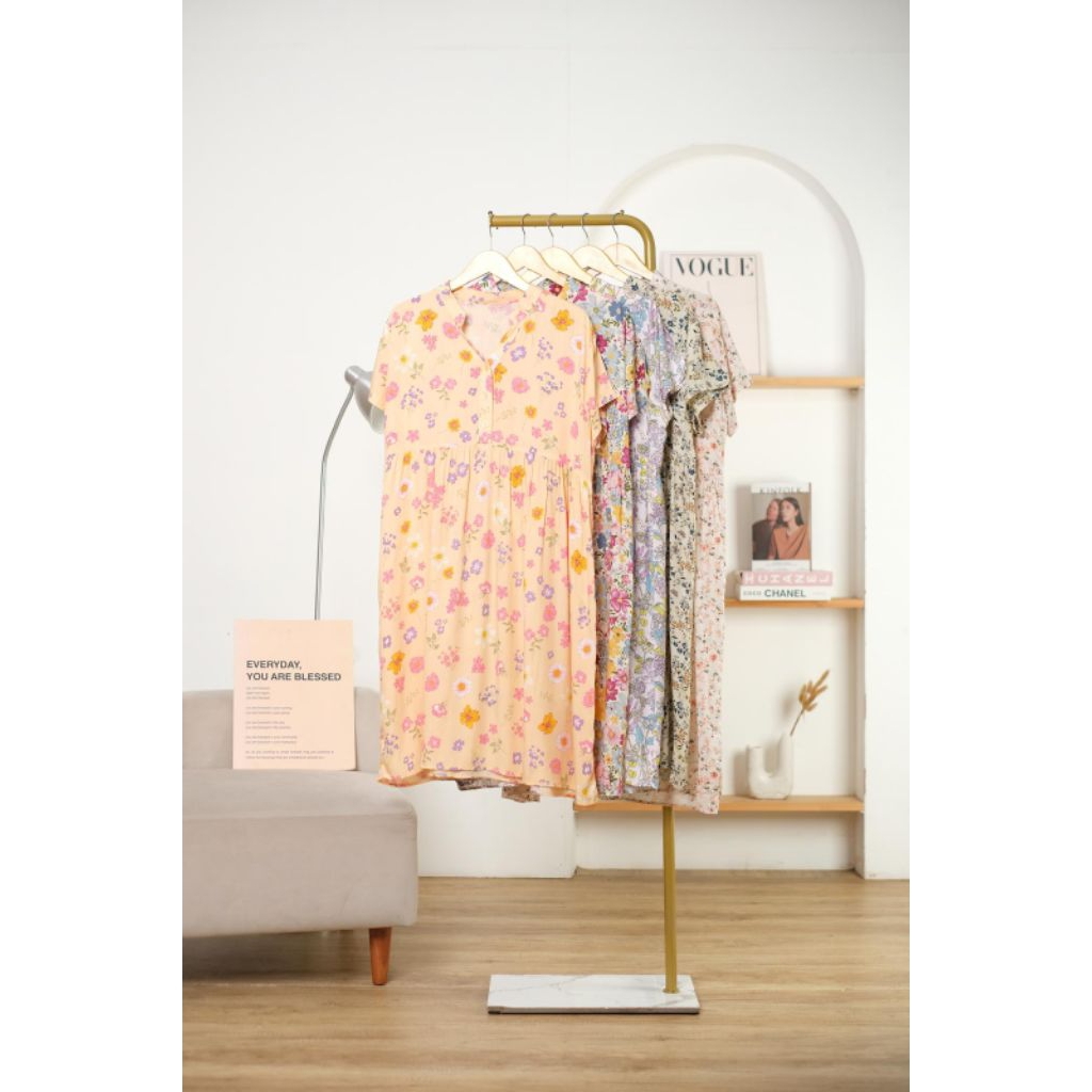 Noura Dress Pendek (Daster Kerah Shanghai) Dress Casual Wanita Motif Bunga Rayon Premium Korean Styl