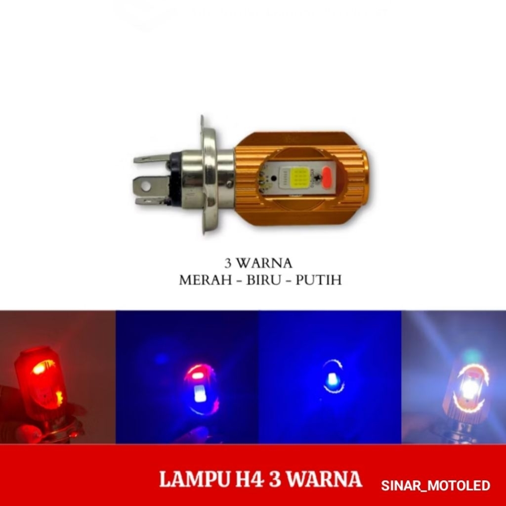 Lampu Depan LED H4 3 Warna Putih Merah Biru Cocok Untuk Mobil Motor Bohlam Depan LED Kaki 3