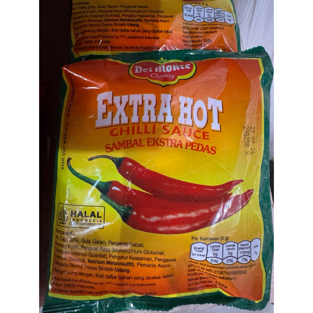 del monte saus sambal extrahot sachet / saus sambal delmonte sachet
