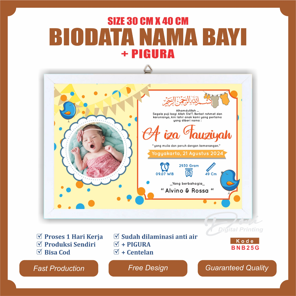 Biodata Kelahiran Bayi + Pigura Ukuran Jumbo 12 R 30 cm x 40 cm BNB25