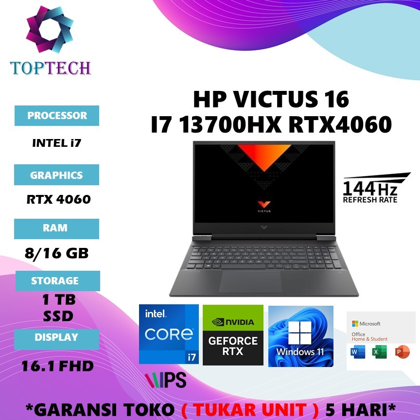 HP VICTUS 16 I7 13700HX /14650HX RTX4060/RTX4070 8GB/ 16GB 1TB W11+OHS 16.1FHD 165HZ 100SRGB RGB 2Y+