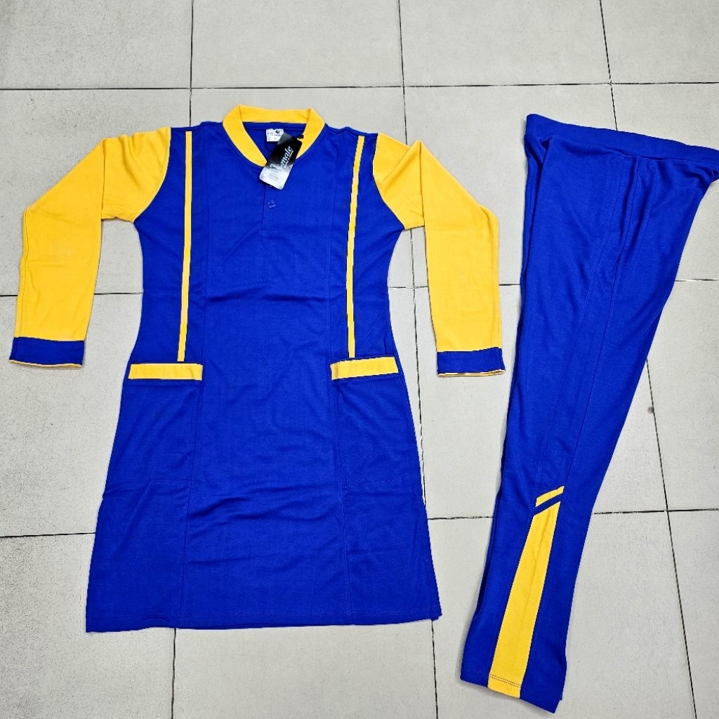 SETELAN BAJU OLAHRAGA SYARI'I MUSLIM WANITA / MODEL TUNIK PANJANG BAHAN PREMIUM NGARET BIRU BENHUR